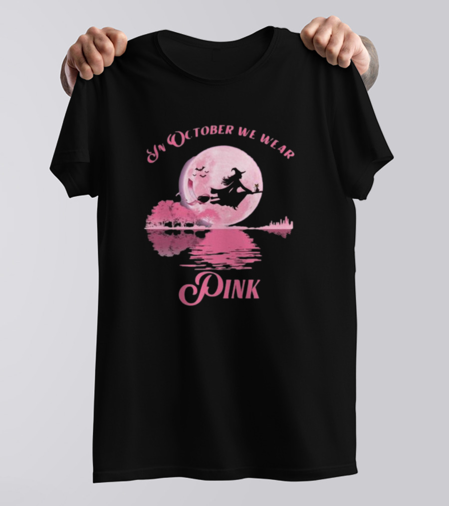 In October We Wear Pink Witch Halloween Moon Breast Cancer Awareness T-Shirt