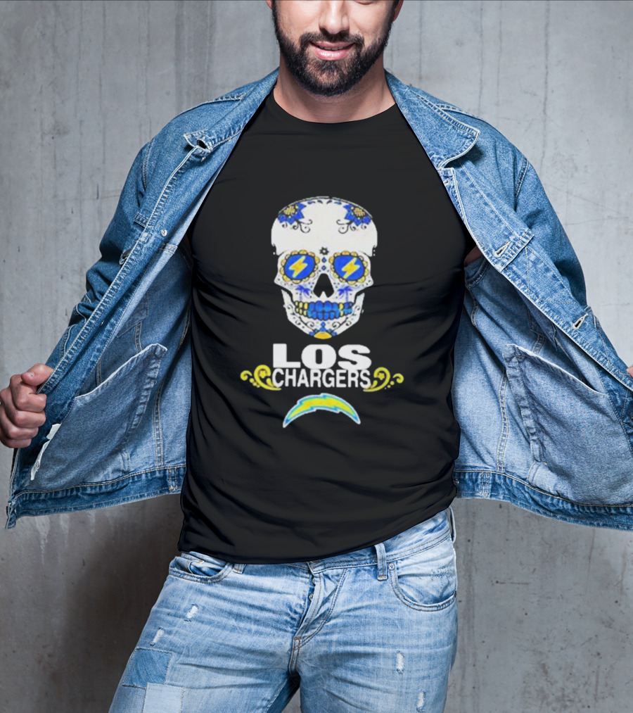 Los Angeles Chargers Sugar Skull Blue Yellow Lightning T-Shirt