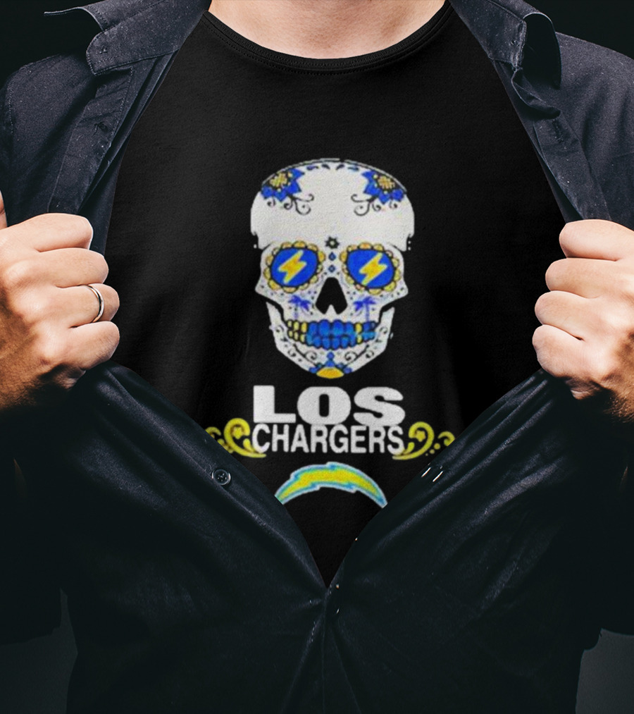 Los Angeles Chargers Sugar Skull Blue Yellow Lightning T-Shirt
