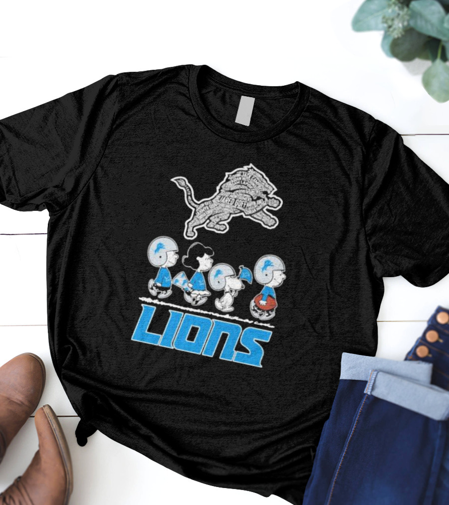 Peanuts Characters Walking Detroit Lions Jared Goff T-Shirt