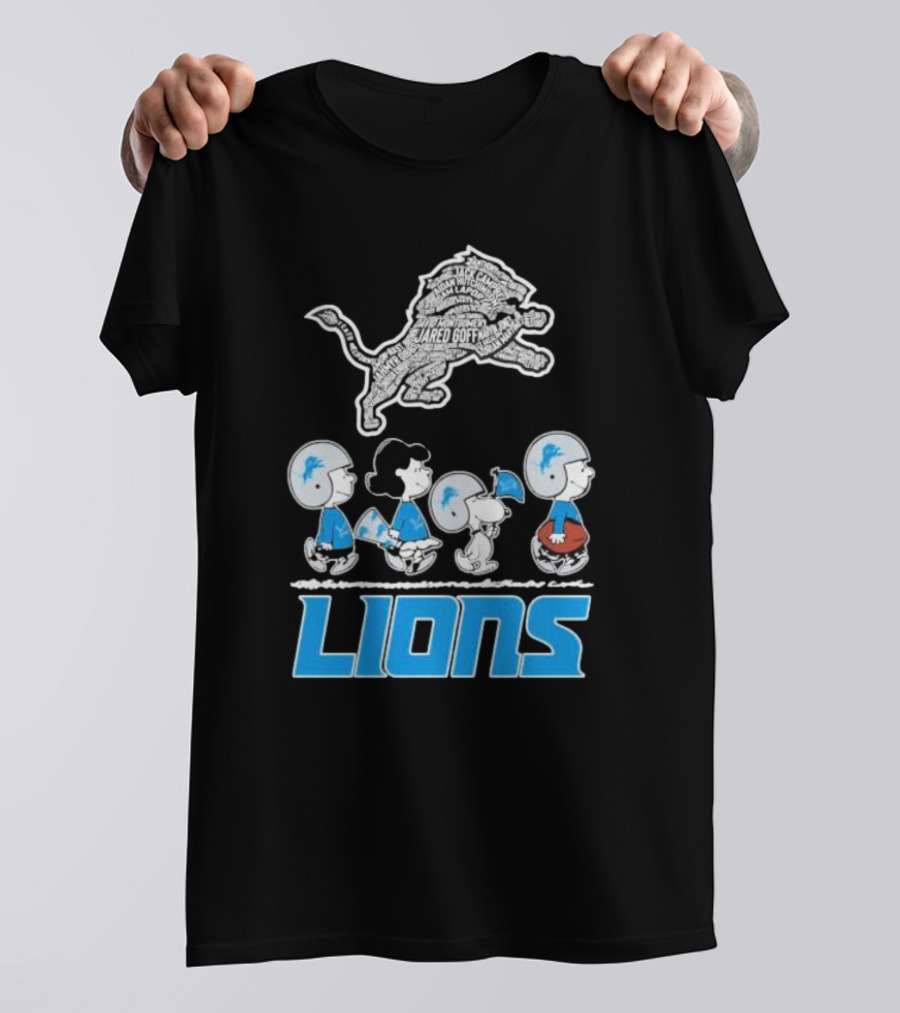 Peanuts Characters Walking Detroit Lions Jared Goff T-Shirt