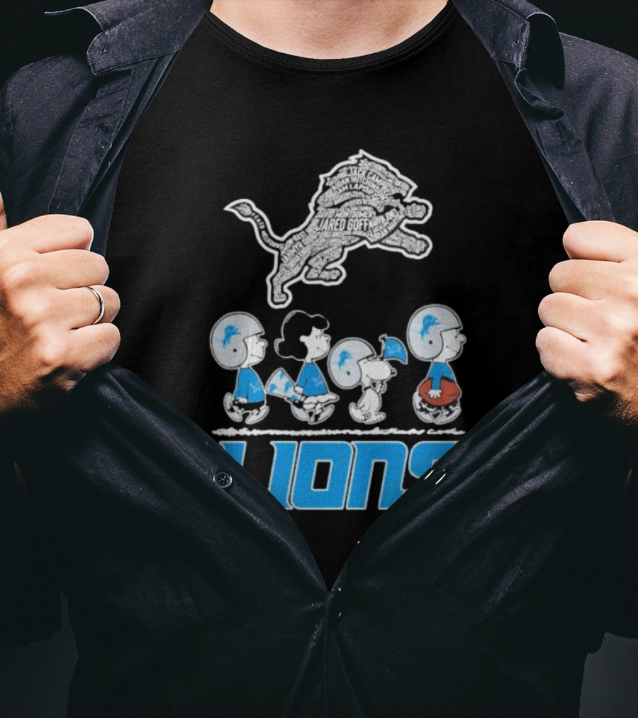Peanuts Characters Walking Detroit Lions Jared Goff T-Shirt