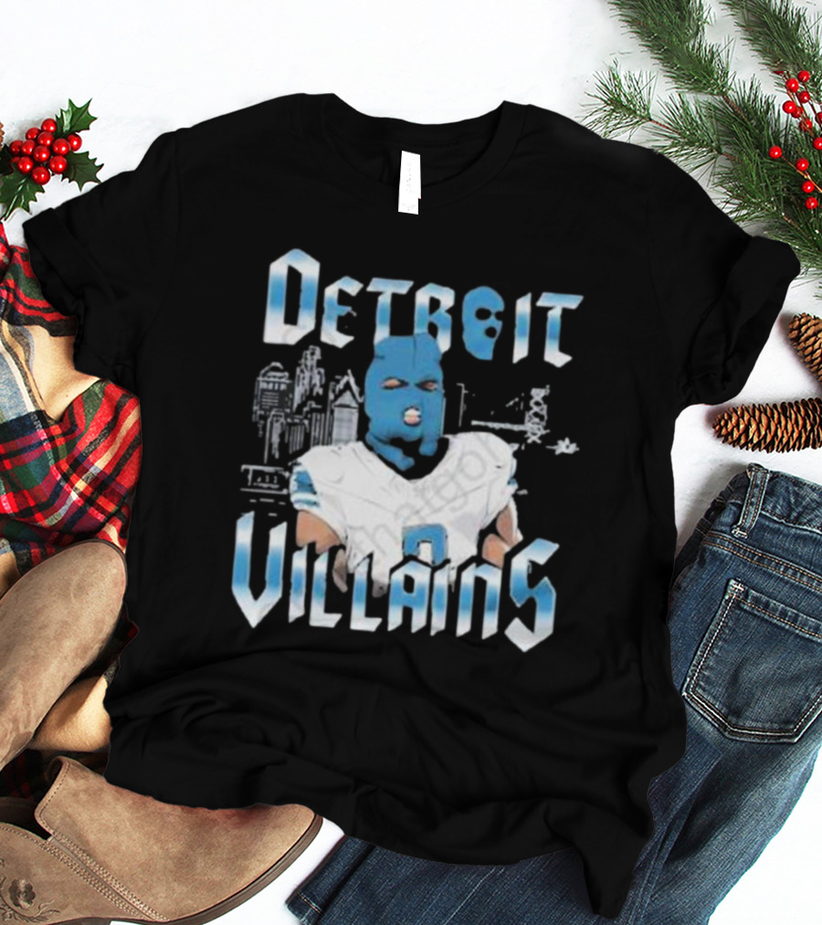 Detroit Villains Football Blue Masked Player Featuring City Skyline T-Shirt