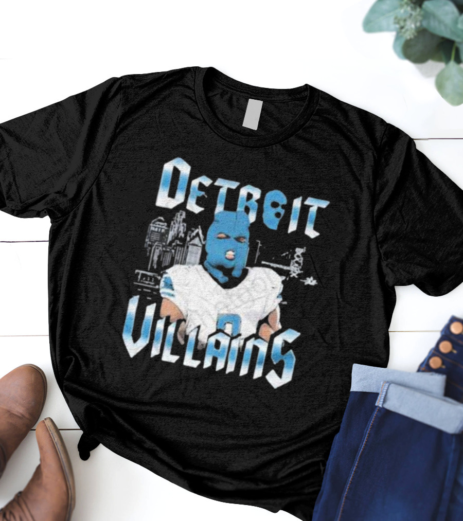 Detroit Villains Football Blue Masked Player Featuring City Skyline T-Shirt