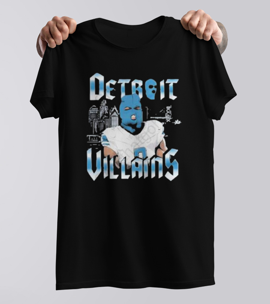 Detroit Villains Football Blue Masked Player Featuring City Skyline T-Shirt