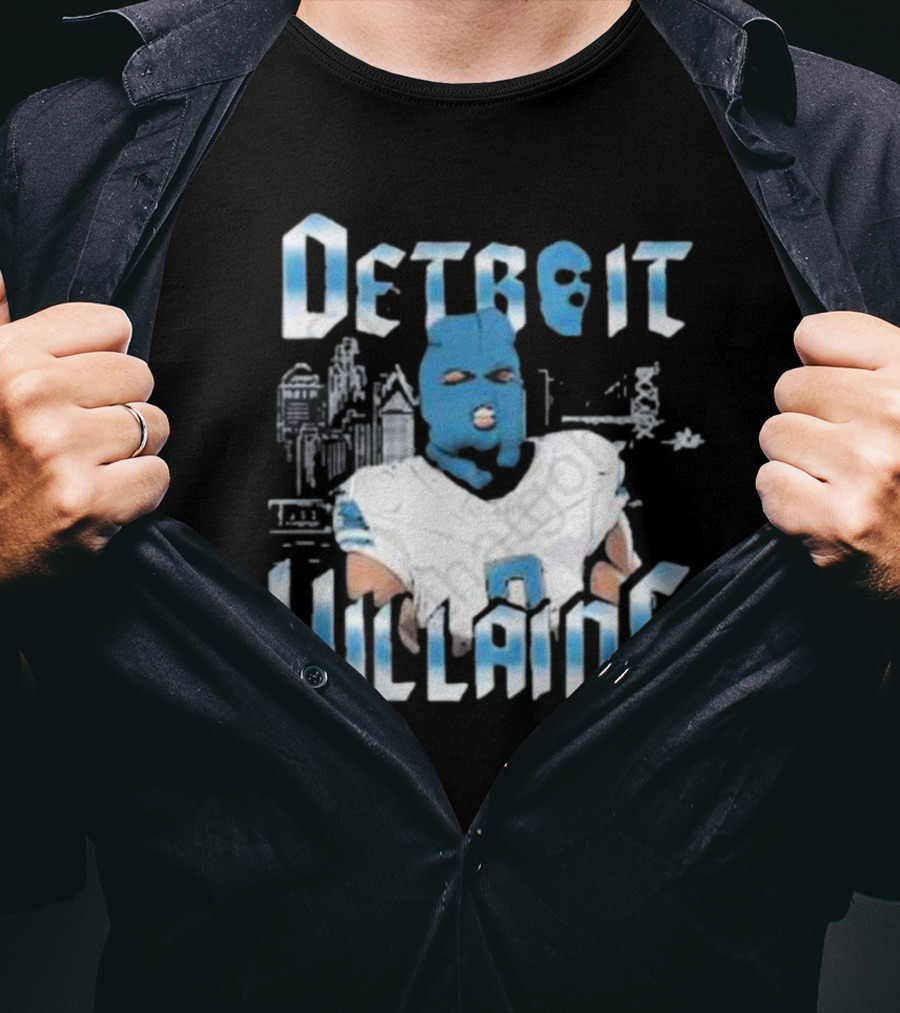 Detroit Villains Football Blue Masked Player Featuring City Skyline T-Shirt