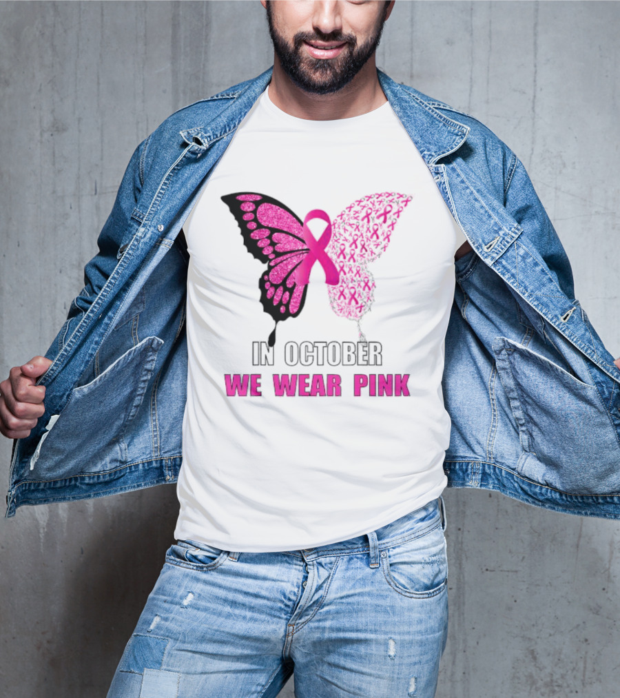 In October We Wear Pink Butterfly Ribbon Breast Cancer Awareness T-Shirt