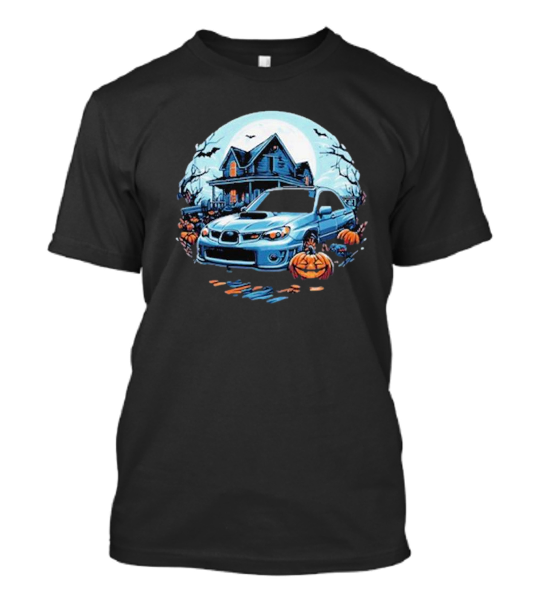 The Car Scene Network Halloween Haunted House With Pumpkins And Bats T-Shirt