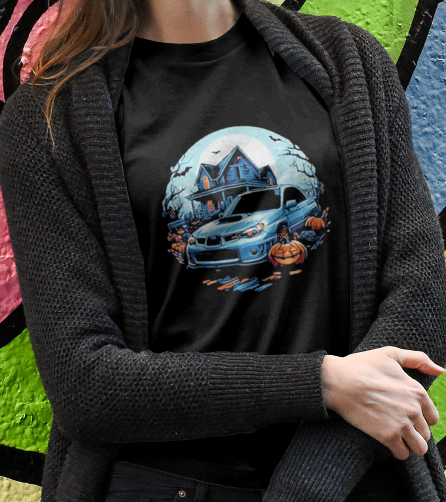 The Car Scene Network Halloween Haunted House With Pumpkins And Bats T-Shirt