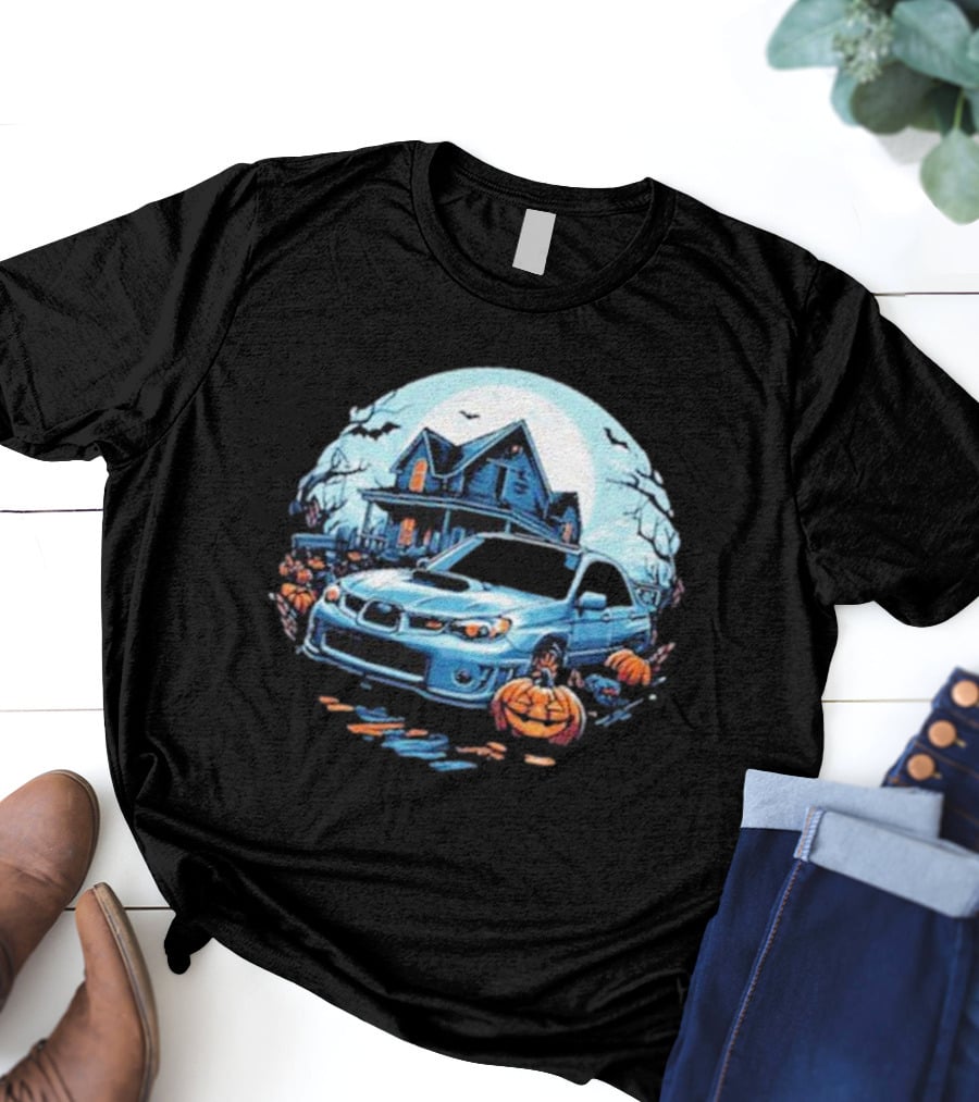The Car Scene Network Halloween Haunted House With Pumpkins And Bats T-Shirt