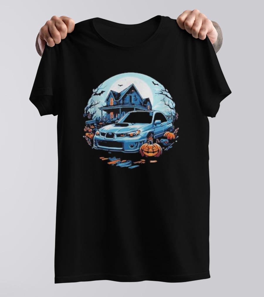 The Car Scene Network Halloween Haunted House With Pumpkins And Bats T-Shirt