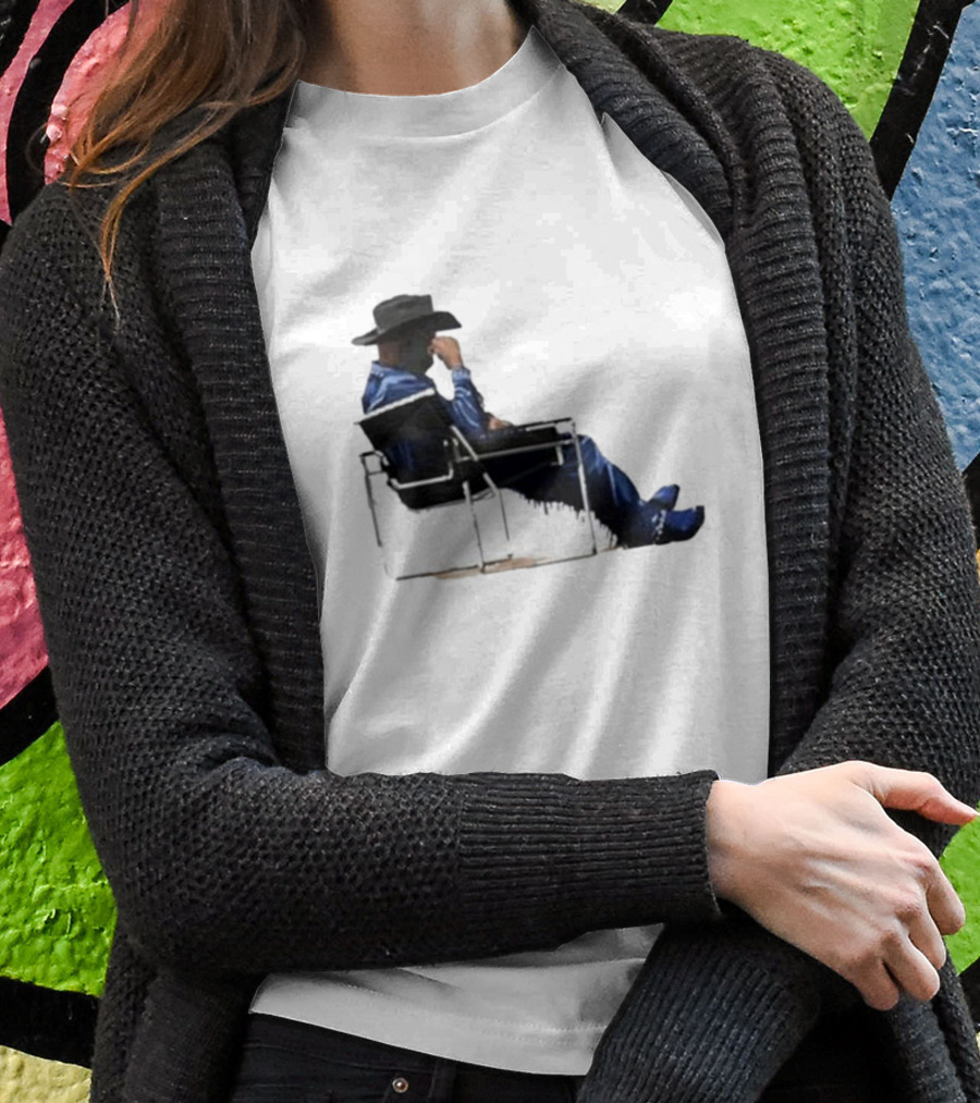 Bad Bunny Sitting Cowboy Chair Black Hat Blue T-Shirt