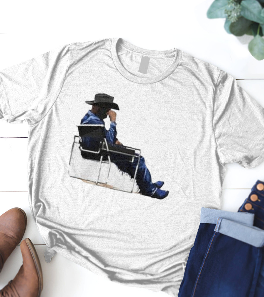Bad Bunny Sitting Cowboy Chair Black Hat Blue T-Shirt