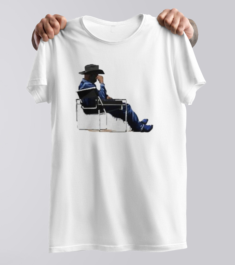 Bad Bunny Sitting Cowboy Chair Black Hat Blue T-Shirt