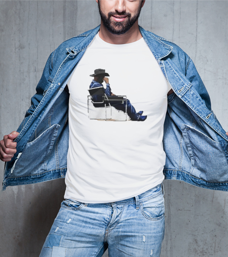 Bad Bunny Sitting Cowboy Chair Black Hat Blue T-Shirt