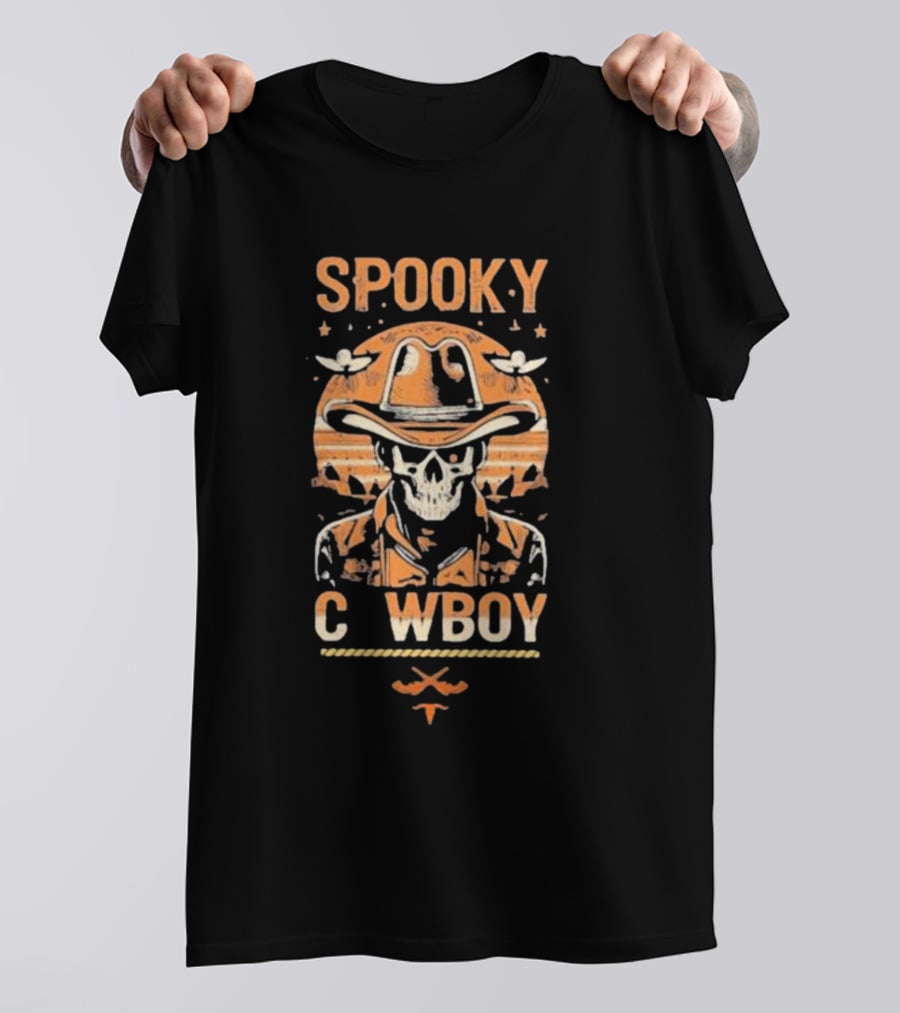 Spooky Cowboy Skeleton Skull In Hat With Sunset Trick Or Treat Halloween T-Shirt