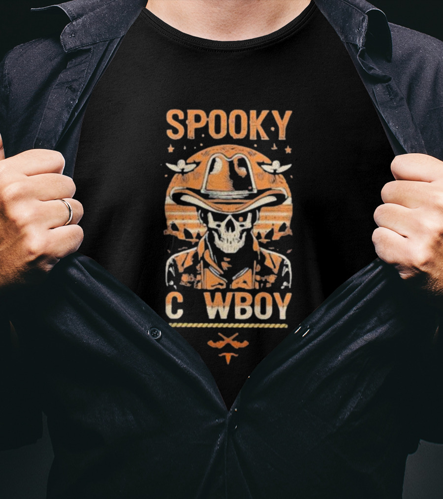 Spooky Cowboy Skeleton Skull In Hat With Sunset Trick Or Treat Halloween T-Shirt
