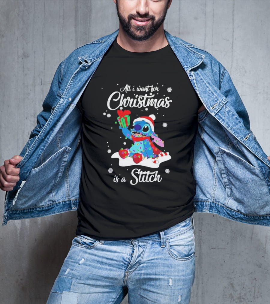All I Want For Christmas Is A Stitch With Present And Snowflakes T-Shirt