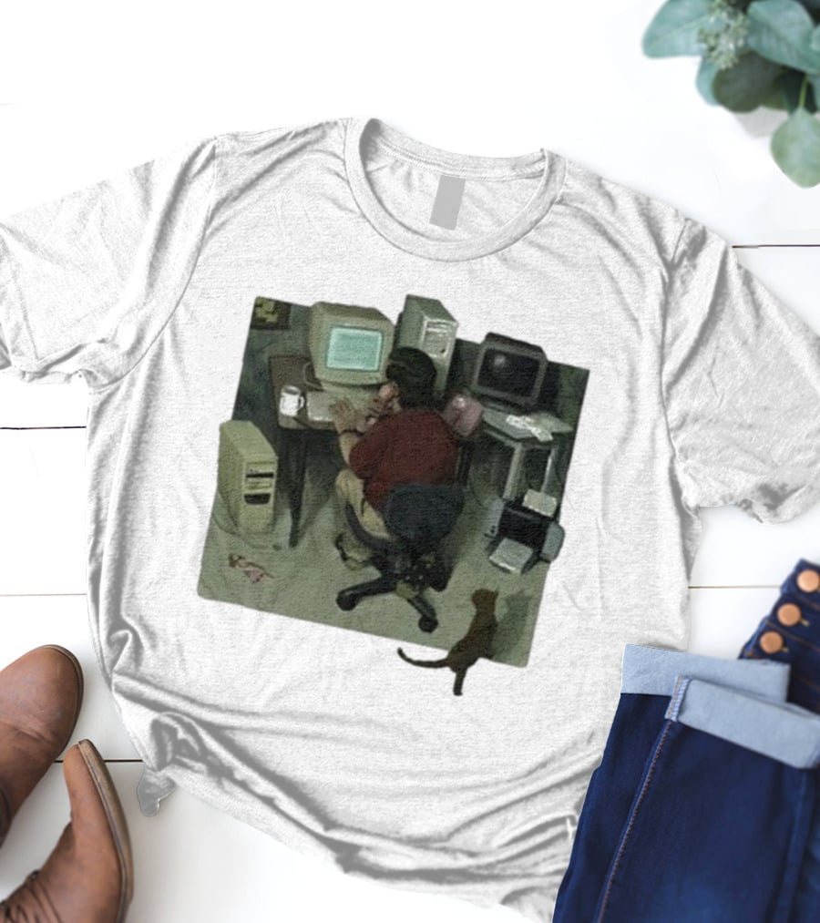 Ollie Jones Freelancer At Computer With Cat In Home Office Scene T-Shirt