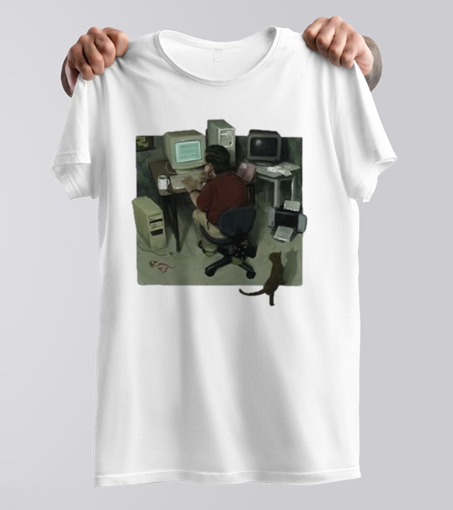 Ollie Jones Freelancer At Computer With Cat In Home Office Scene T-Shirt