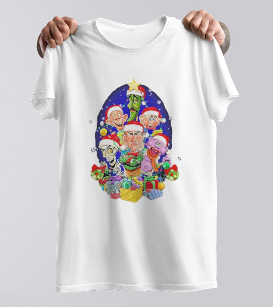 Jeff Dunham Christmas Characters With Santa Hats And Gifts Snow Merry Christmas T-Shirt