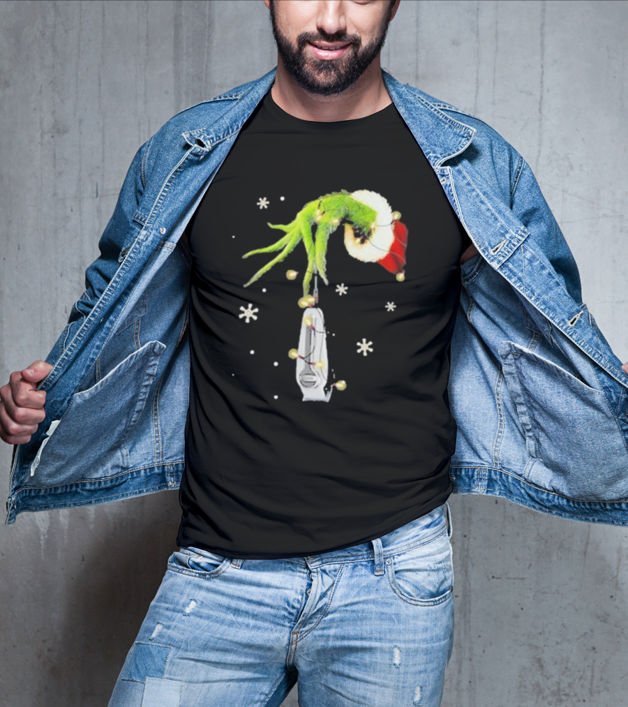 Grinch Christmas Hand Holding Clipper Snowflakes Santa Hat T-Shirt