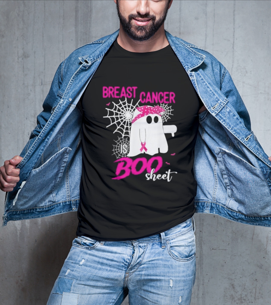 Breast Cancer Is Boo Sheet Halloween Ghost With Pink Ribbon And Spider Webs T-Shirt