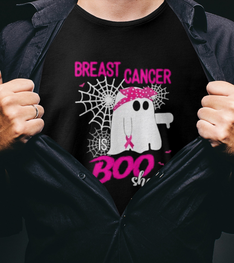 Breast Cancer Is Boo Sheet Halloween Ghost With Pink Ribbon And Spider Webs T-Shirt