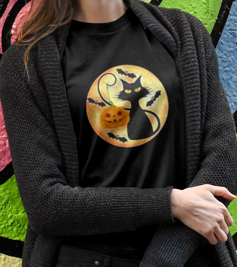 Funny Pumpkin Black Cat Halloween Witch Bat Moon T-Shirt