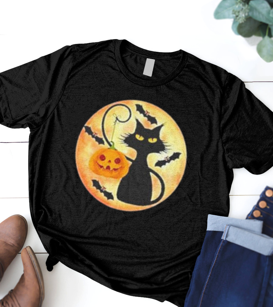 Funny Pumpkin Black Cat Halloween Witch Bat Moon T-Shirt