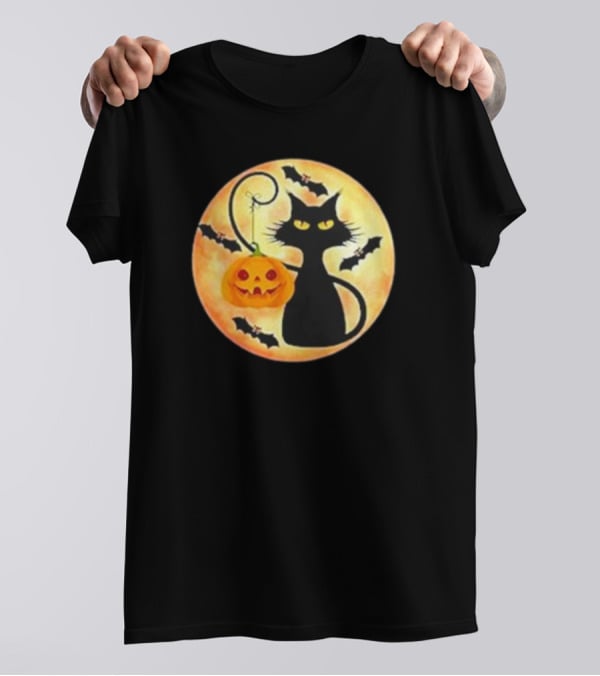Funny Pumpkin Black Cat Halloween Witch Bat Moon T-Shirt