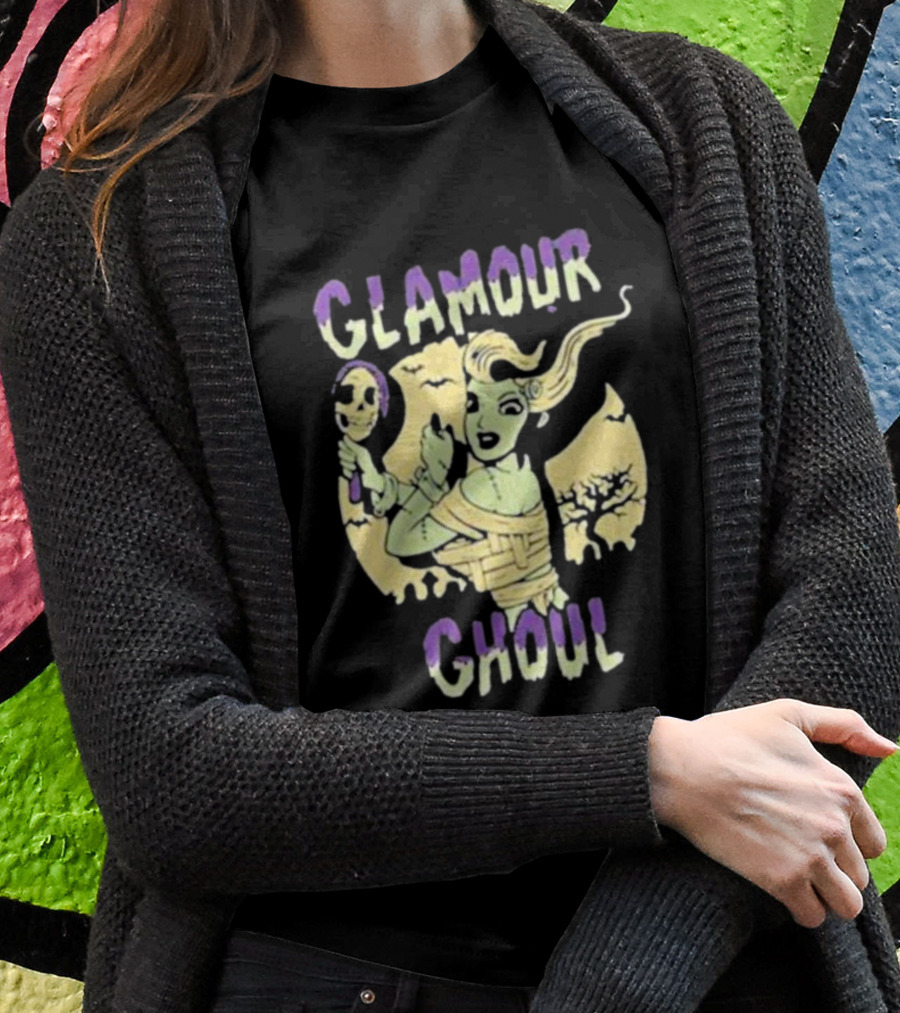 Glamour Ghoul Halloween Monster Retro Skeleton Mirror Bats Trees T-Shirt