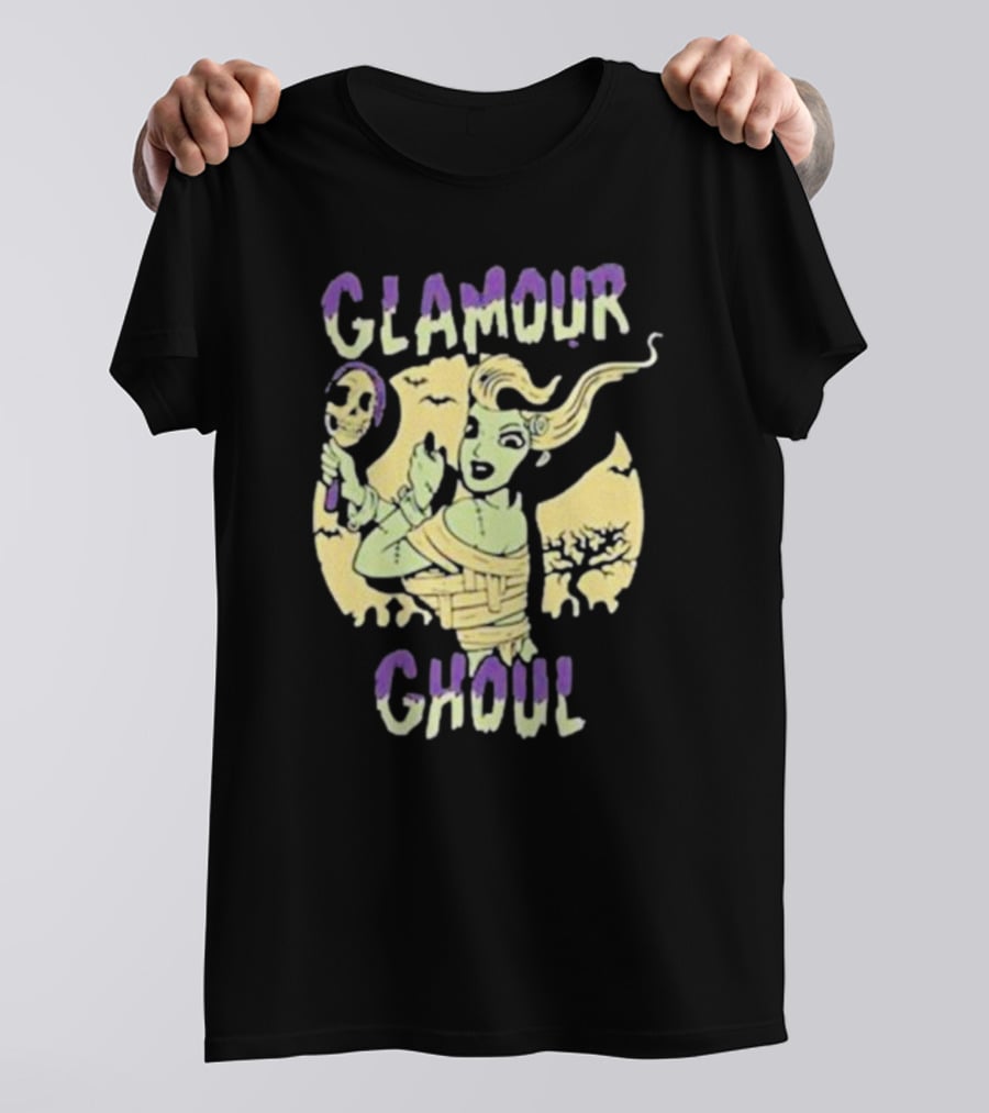 Glamour Ghoul Halloween Monster Retro Skeleton Mirror Bats Trees T-Shirt