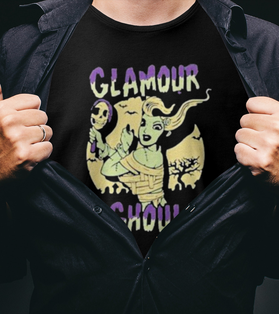 Glamour Ghoul Halloween Monster Retro Skeleton Mirror Bats Trees T-Shirt