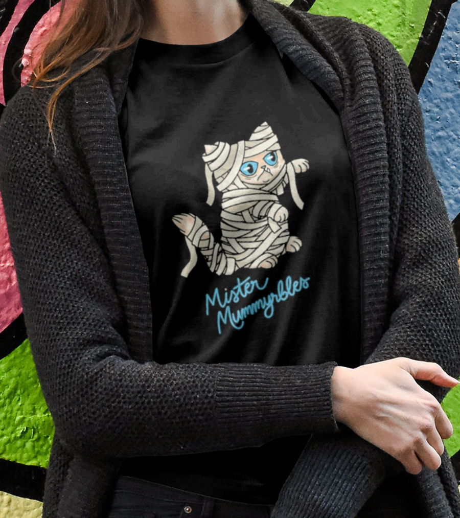 Lilbub Mister Mummyrbles Wrapped Cat With Blue Text T-Shirt