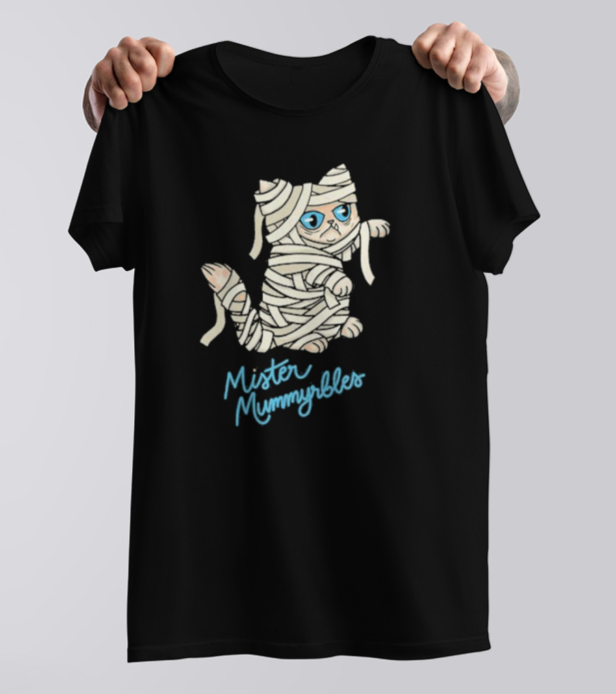 Lilbub Mister Mummyrbles Wrapped Cat With Blue Text T-Shirt