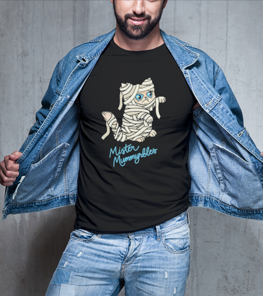 Lilbub Mister Mummyrbles Wrapped Cat With Blue Text T-Shirt