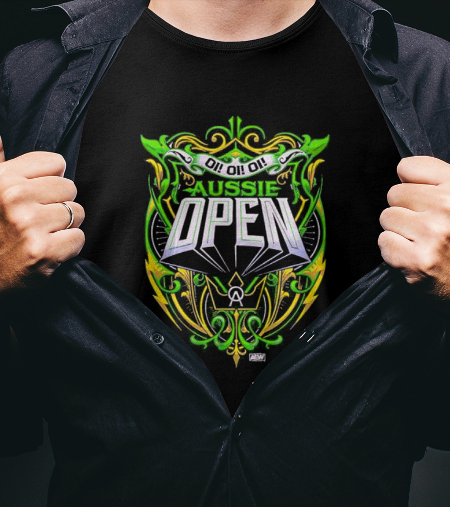 Aussie Open Oi Oi Oi AEW Wrestling Emblem Green And Gold T-Shirt
