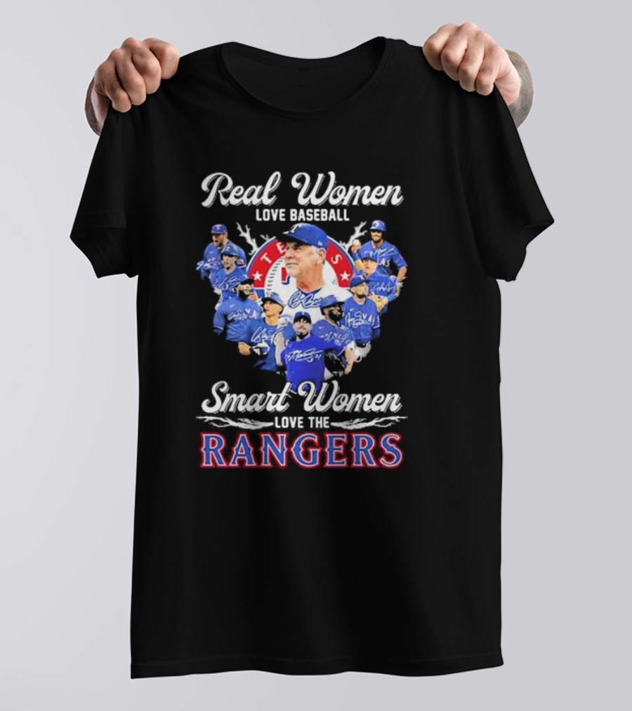 Real Women Love Baseball Smart Women Love The Texas Rangers Team Montage T-Shirt