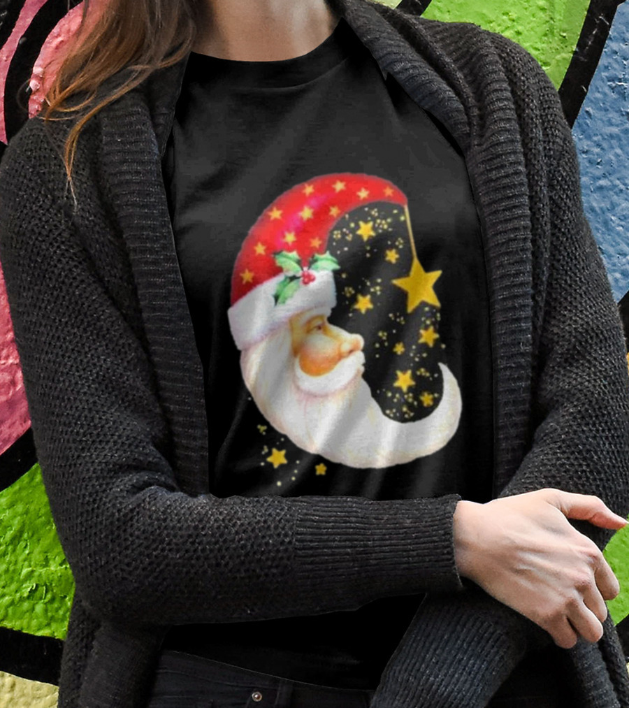 Christmas Santa Crescent Moon Starry Hat Print Crew Neck T-Shirt