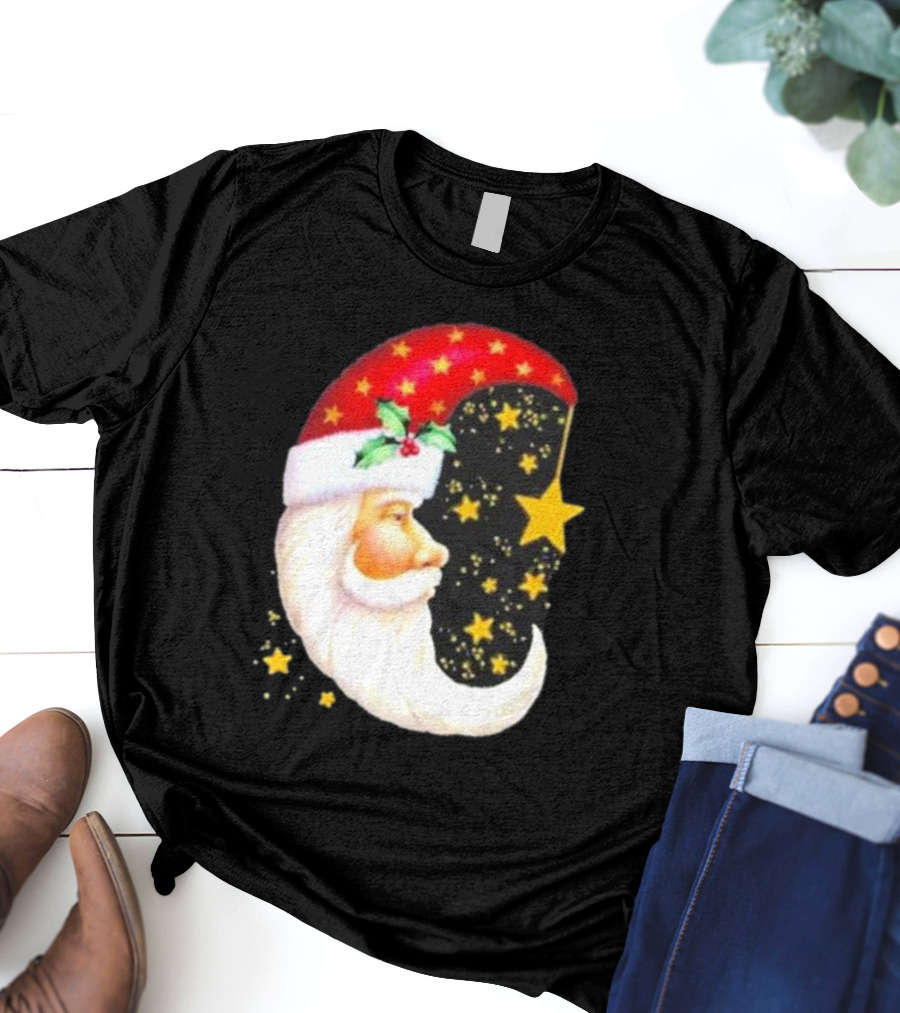 Christmas Santa Crescent Moon Starry Hat Print Crew Neck T-Shirt