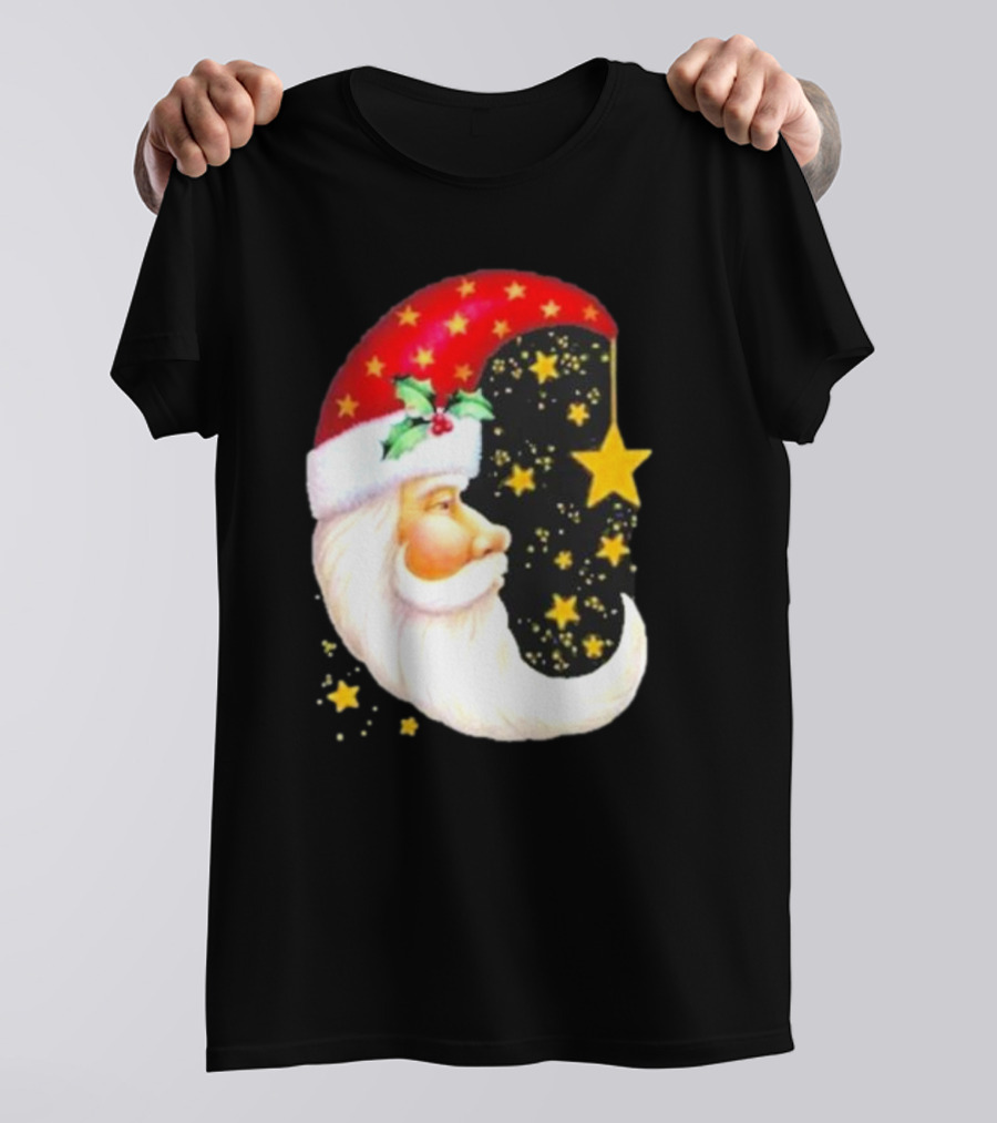 Christmas Santa Crescent Moon Starry Hat Print Crew Neck T-Shirt