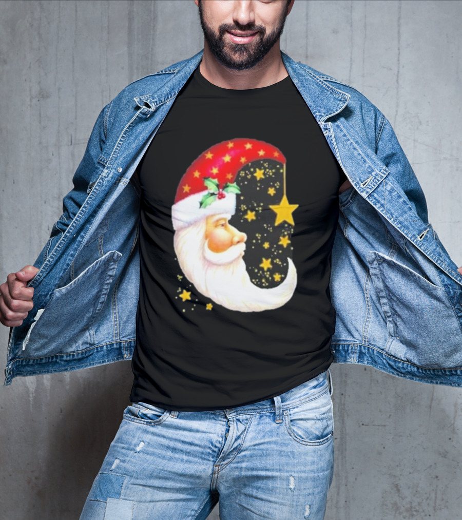 Christmas Santa Crescent Moon Starry Hat Print Crew Neck T-Shirt