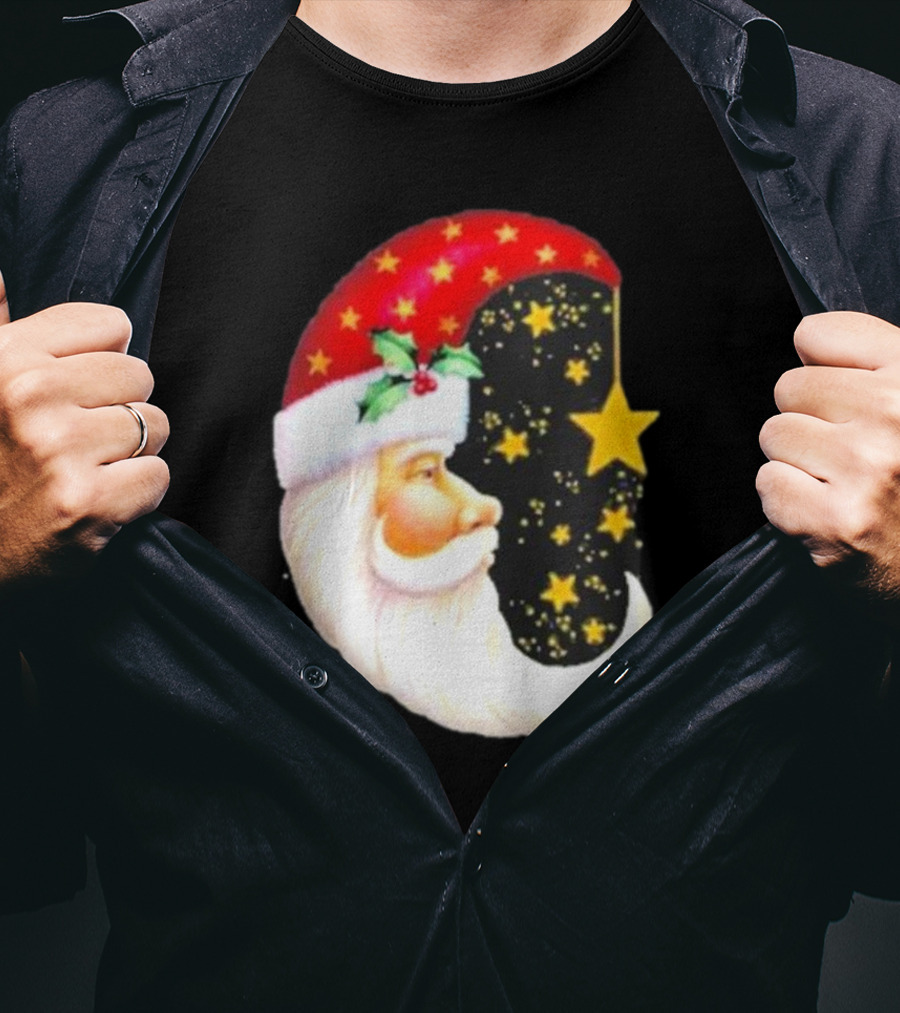 Christmas Santa Crescent Moon Starry Hat Print Crew Neck T-Shirt