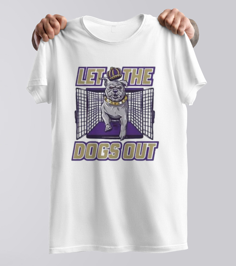 LET THE DOGS OUT Bulldog Escaping With Crown From Purple Cage T-Shirt