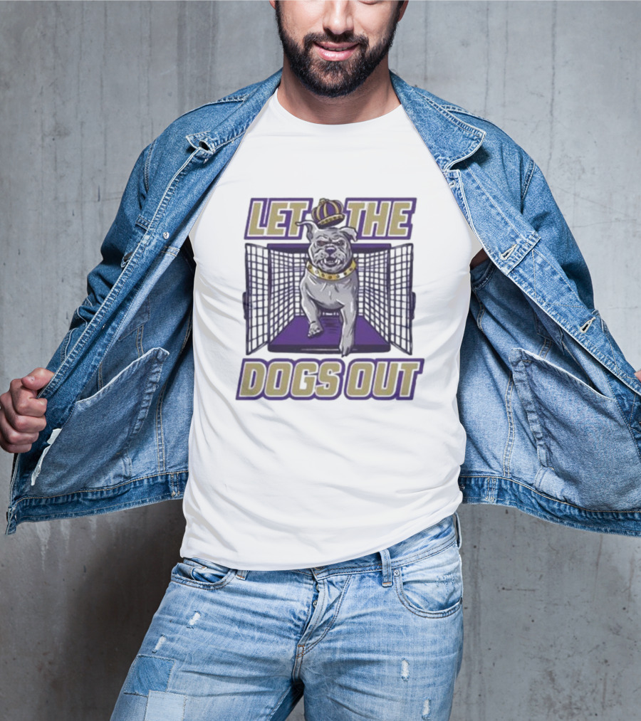 LET THE DOGS OUT Bulldog Escaping With Crown From Purple Cage T-Shirt