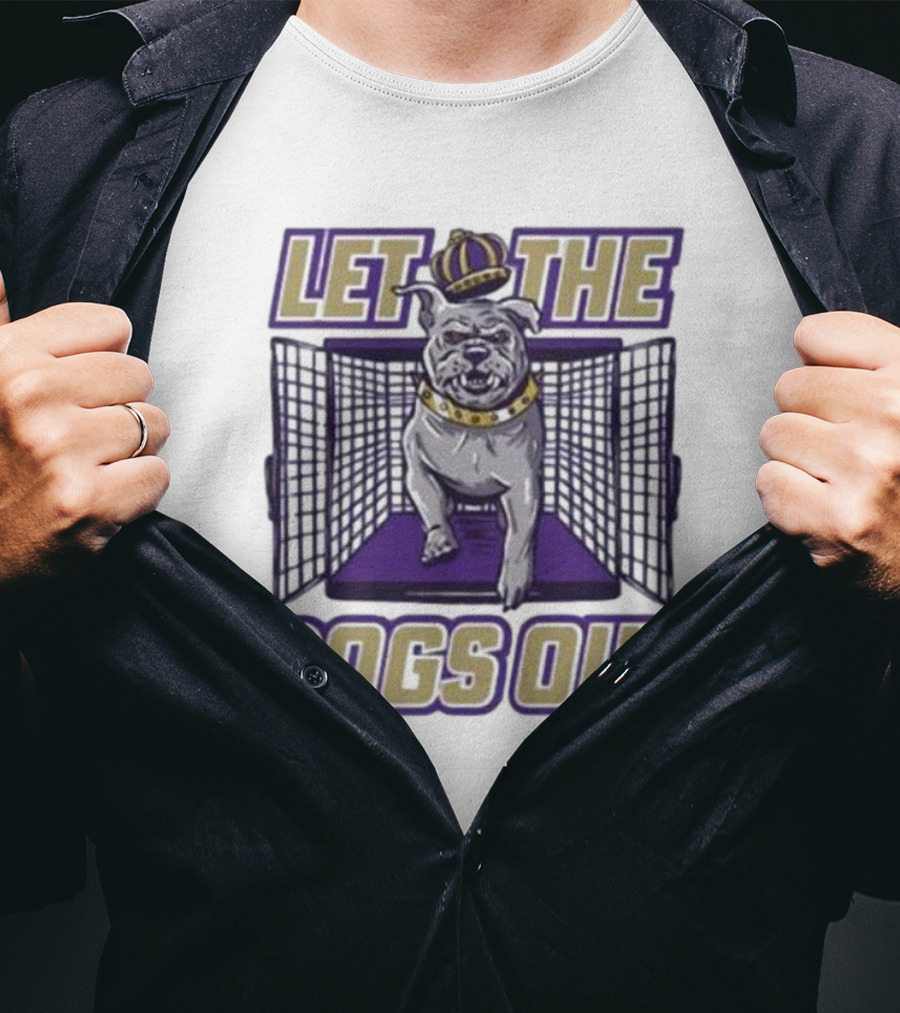 LET THE DOGS OUT Bulldog Escaping With Crown From Purple Cage T-Shirt
