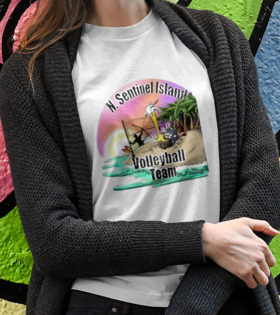 N. Sentinel Island Volleyball Team Sunset Beach Scene With Palms T-Shirt