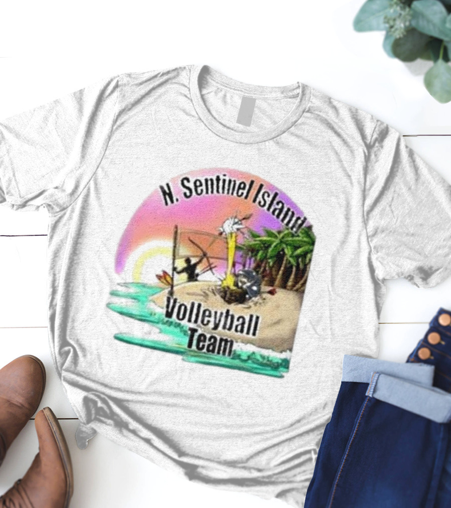 N. Sentinel Island Volleyball Team Sunset Beach Scene With Palms T-Shirt