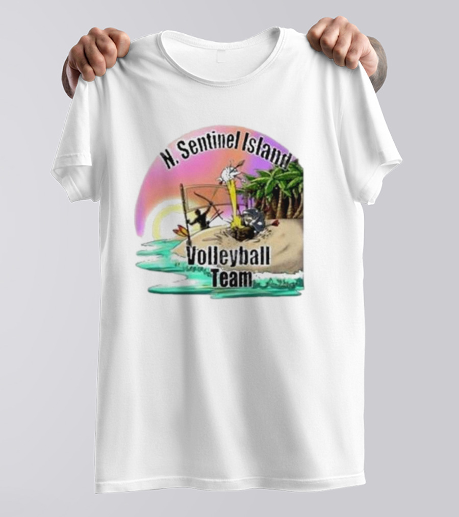 N. Sentinel Island Volleyball Team Sunset Beach Scene With Palms T-Shirt